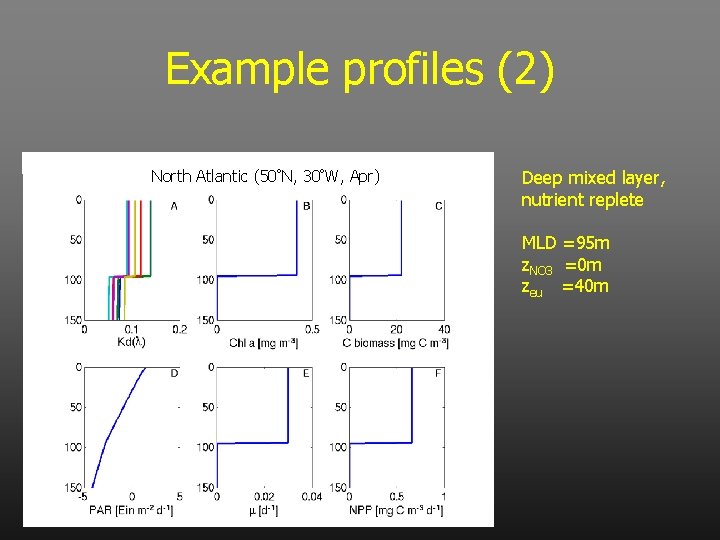 Example profiles (2) North Atlantic (50°N, 30°W, Apr) Deep mixed layer, nutrient replete MLD