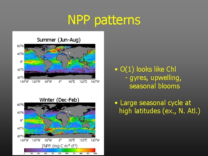 NPP patterns Summer (Jun-Aug) • O(1) looks like Chl - gyres, upwelling, seasonal blooms