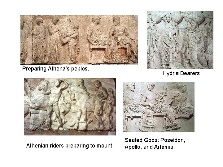 Preparing Athena’s peplos. Athenian riders preparing to mount Hydria Bearers Seated Gods: Poseidon, Apollo,