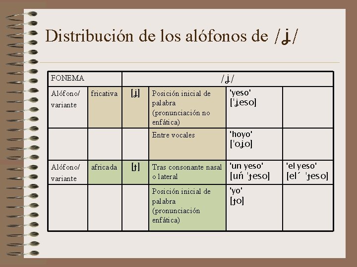 Distribución de los alófonos de /ʝ/ FONEMA Alófono/ variante fricativa africada [ʝ] [ɟ] Posición