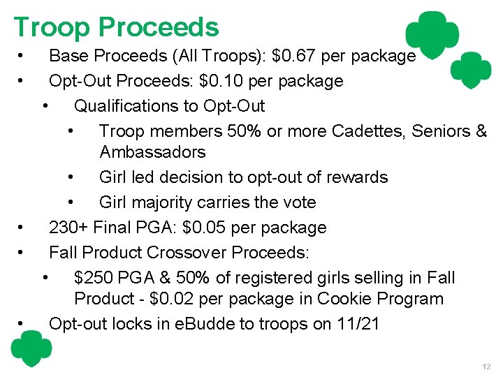 Troop Proceeds • • • Base Proceeds (All Troops): $0. 67 per package Opt-Out