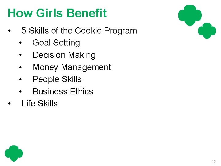 How Girls Benefit • 5 Skills of the Cookie Program • Goal Setting •