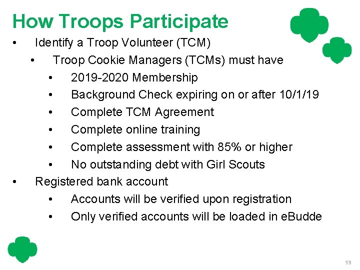 How Troops Participate • • Identify a Troop Volunteer (TCM) • Troop Cookie Managers