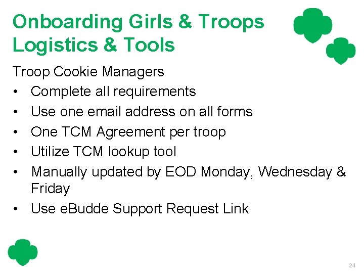 Onboarding Girls & Troops Logistics & Tools Troop Cookie Managers • Complete all requirements