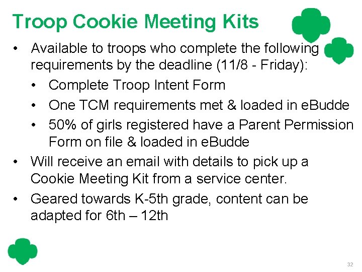 Troop Cookie Meeting Kits • Available to troops who complete the following requirements by