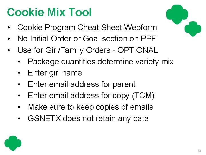 Cookie Mix Tool • Cookie Program Cheat Sheet Webform • No Initial Order or