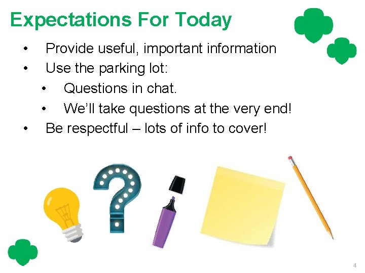 Expectations For Today • • Provide useful, important information Use the parking lot: •