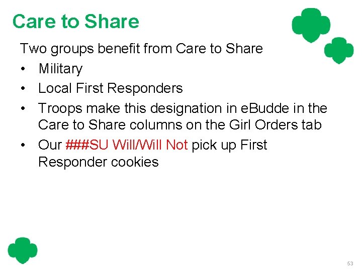 Care to Share Two groups benefit from Care to Share • Military • Local