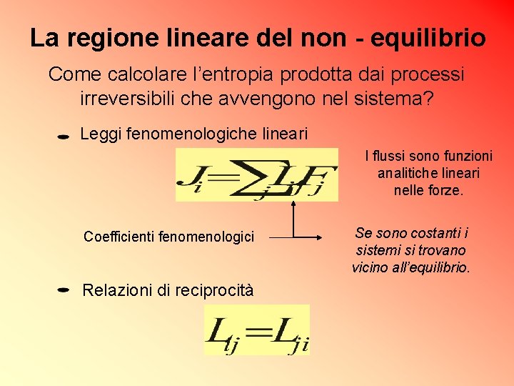 La regione lineare del non - equilibrio Come calcolare l’entropia prodotta dai processi irreversibili