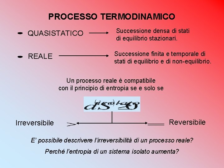 PROCESSO TERMODINAMICO QUASISTATICO Successione densa di stati di equilibrio stazionari. REALE Successione finita e