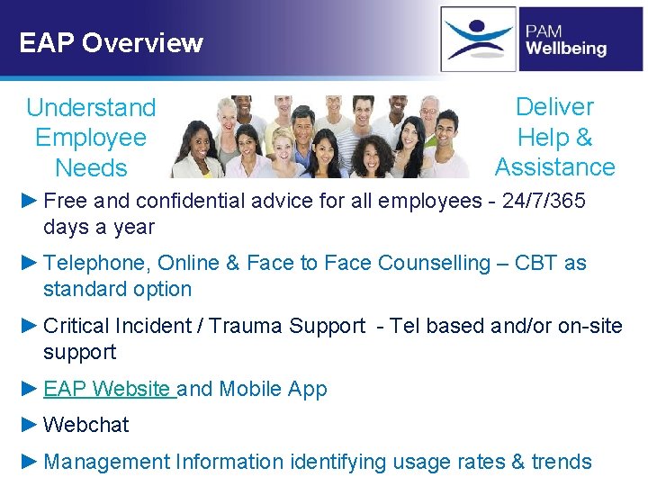 EAP Overview Understand Employee Needs Deliver Help & Assistance ► Free and confidential advice EAP Overview Understand Employee Needs Deliver Help & Assistance ► Free and confidential advice