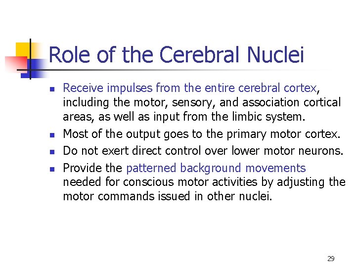 Role of the Cerebral Nuclei n n Receive impulses from the entire cerebral cortex,