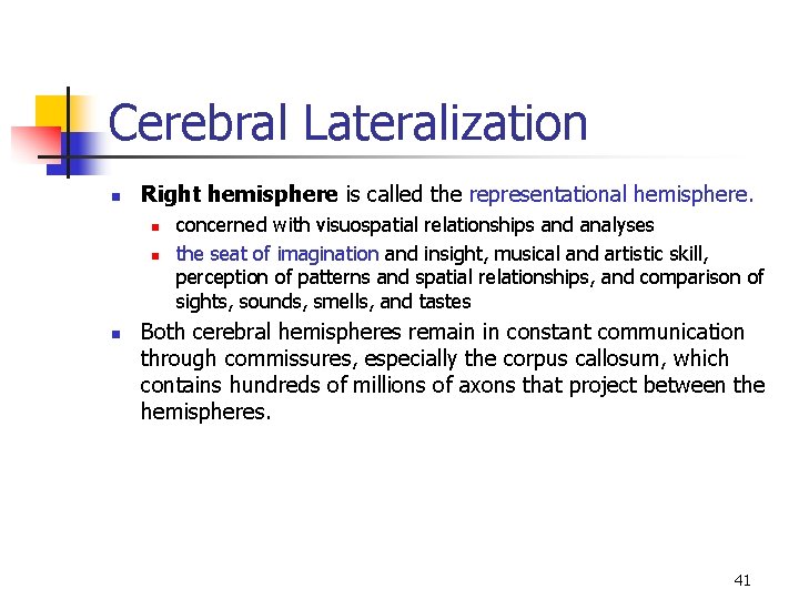 Cerebral Lateralization n Right hemisphere is called the representational hemisphere. n n n concerned