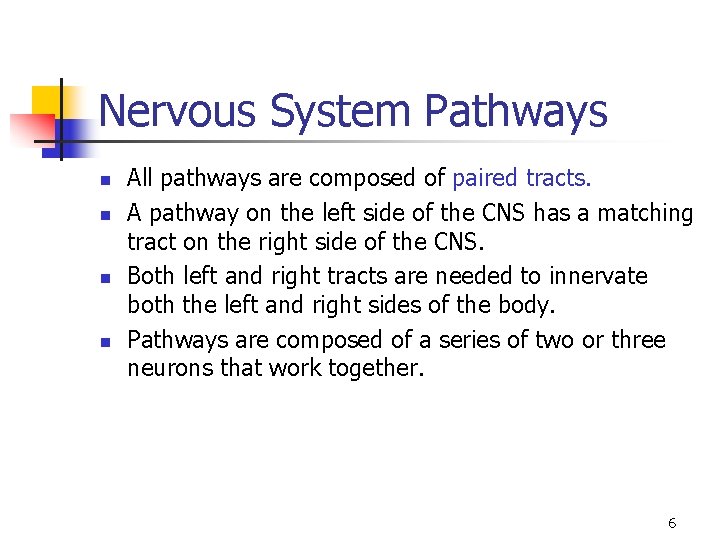 Nervous System Pathways n n All pathways are composed of paired tracts. A pathway