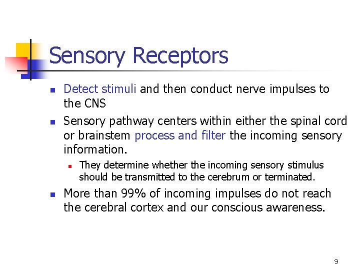 Sensory Receptors n n Detect stimuli and then conduct nerve impulses to the CNS