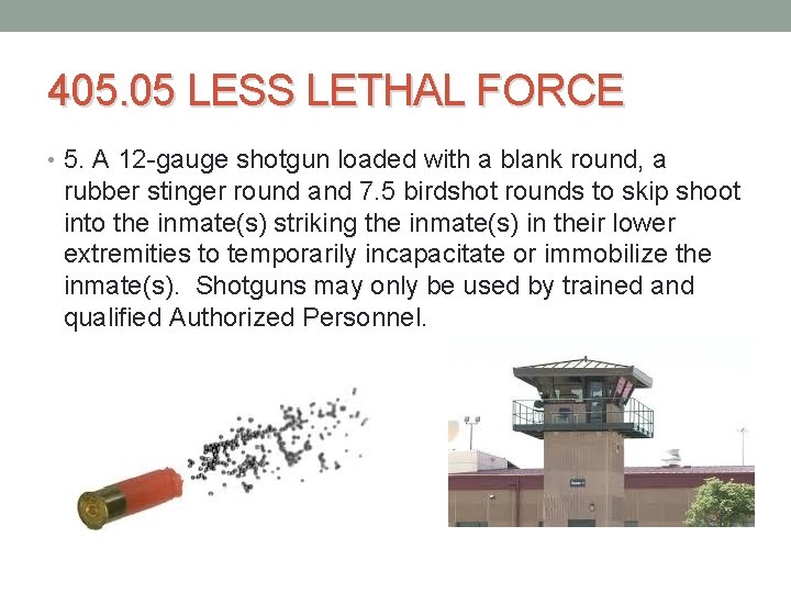 405. 05 LESS LETHAL FORCE • 5. A 12 gauge shotgun loaded with a 405. 05 LESS LETHAL FORCE • 5. A 12 gauge shotgun loaded with a