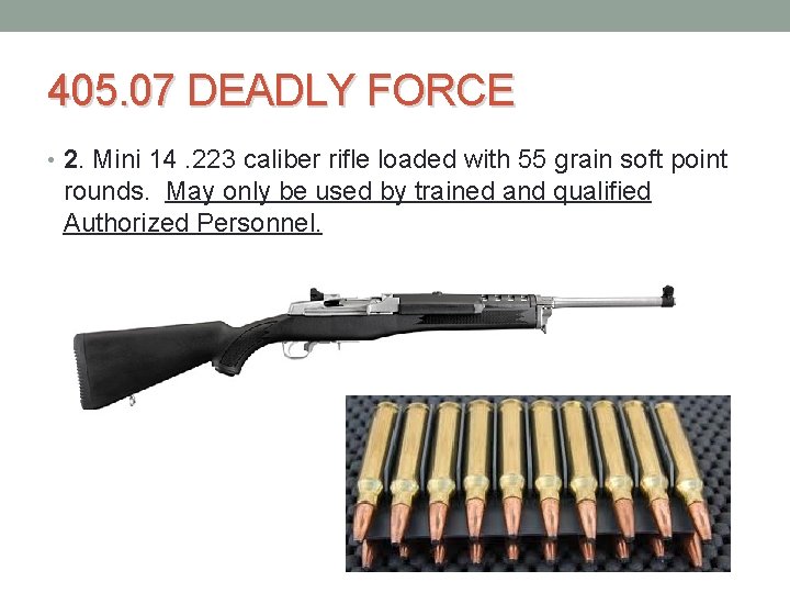 405. 07 DEADLY FORCE • 2. Mini 14. 223 caliber rifle loaded with 55 405. 07 DEADLY FORCE • 2. Mini 14. 223 caliber rifle loaded with 55