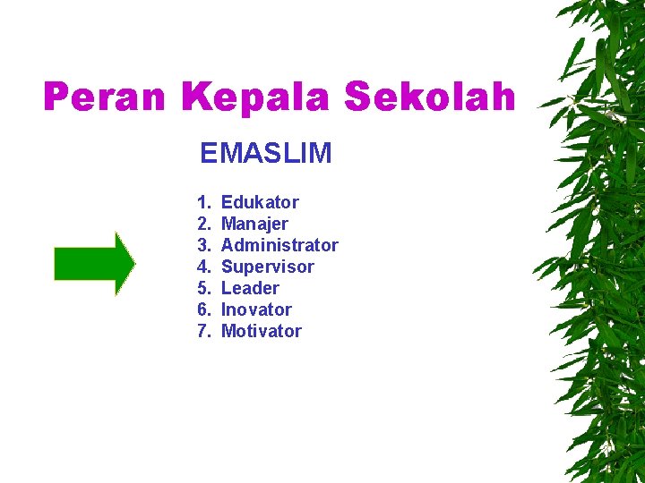 Peran Kepala Sekolah EMASLIM 1. 2. 3. 4. 5. 6. 7. Edukator Manajer Administrator