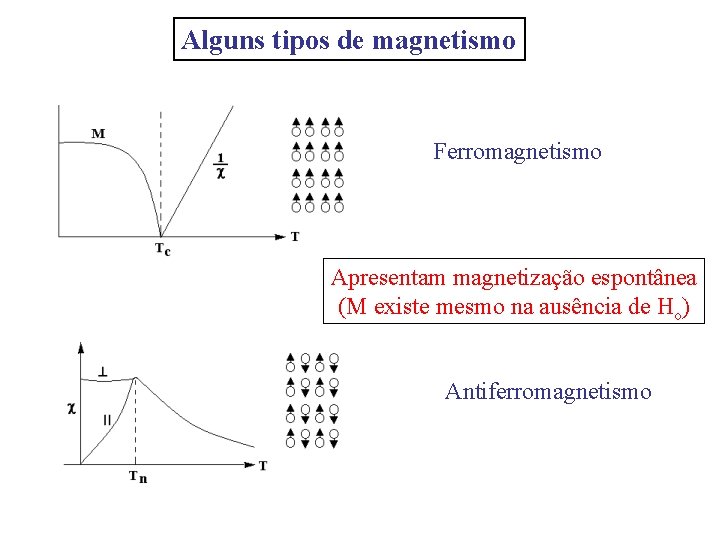 Alguns tipos de magnetismo Ferromagnetismo Apresentam magnetização espontânea (M existe mesmo na ausência de