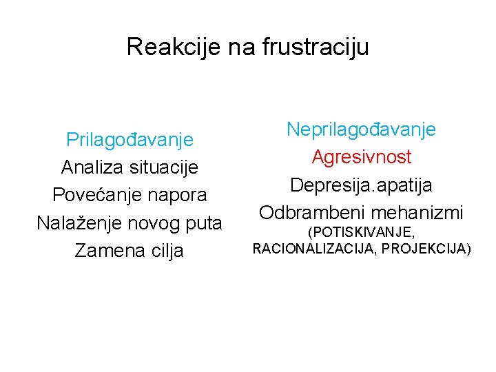 Reakcije na frustraciju Prilagođavanje Analiza situacije Povećanje napora Nalaženje novog puta Zamena cilja Neprilagođavanje