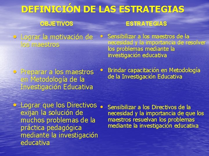 DEFINICIÓN DE LAS ESTRATEGIAS OBJETIVOS ESTRATEGIAS • Lograr la motivación de • Sensibilizar a