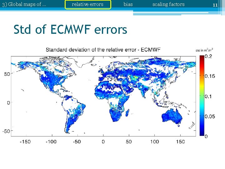 3) Global maps of … relative errors bias Std of ECMWF errors scaling factors