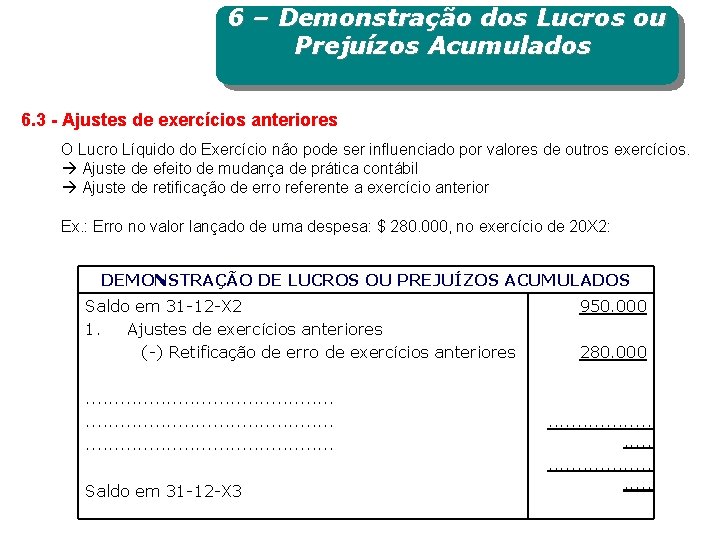 6 – Demonstração dos Lucros ou Prejuízos Acumulados 6. 3 - Ajustes de exercícios