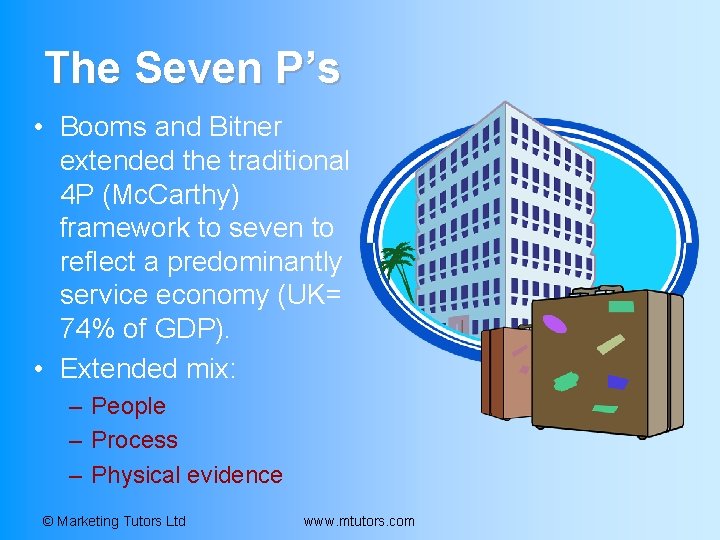 The Seven P’s • Booms and Bitner extended the traditional 4 P (Mc. Carthy) The Seven P’s • Booms and Bitner extended the traditional 4 P (Mc. Carthy)