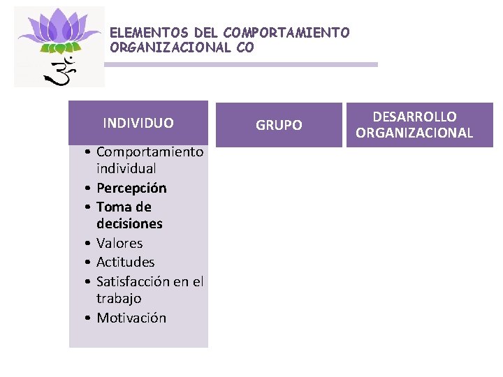 ELEMENTOS DEL COMPORTAMIENTO ORGANIZACIONAL CO INDIVIDUO • Comportamiento individual • Percepción • Toma de