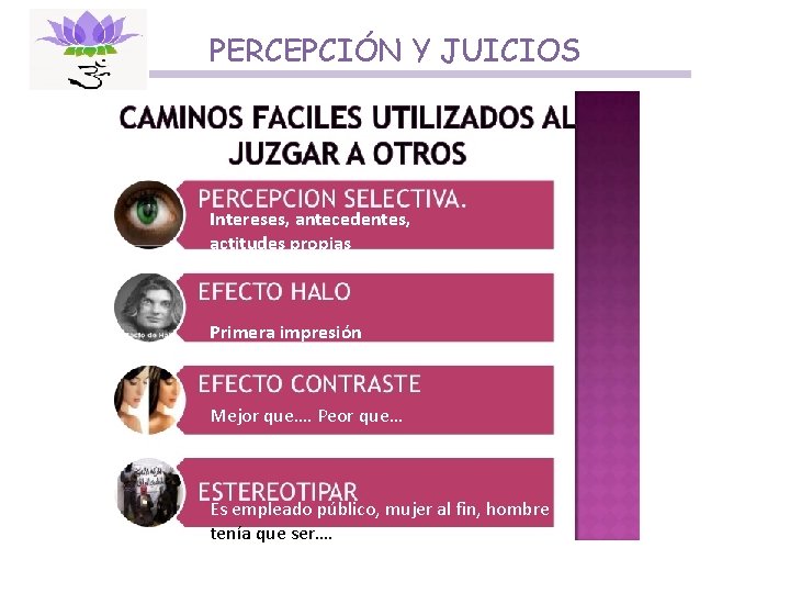 PERCEPCIÓN Y JUICIOS Intereses, antecedentes, actitudes propias Primera impresión Mejor que…. Peor que… Es