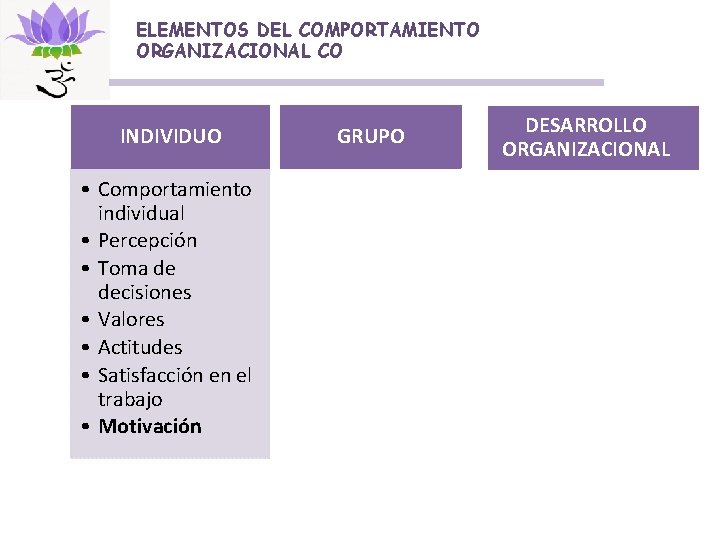 ELEMENTOS DEL COMPORTAMIENTO ORGANIZACIONAL CO INDIVIDUO • Comportamiento individual • Percepción • Toma de