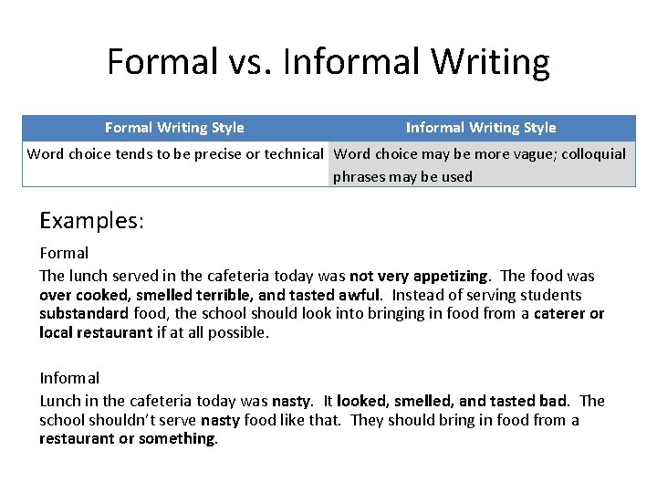 Formal vs. Informal Writing Formal Writing Style Informal Writing Style Word choice tends to
