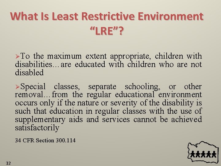 What Is Least Restrictive Environment “LRE”? ØTo the maximum extent appropriate, children with disabilities…are