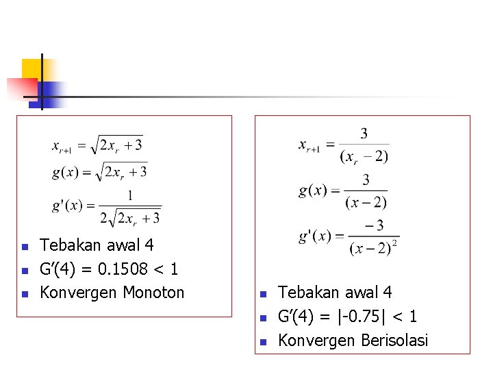 n n n Tebakan awal 4 G’(4) = 0. 1508 < 1 Konvergen Monoton