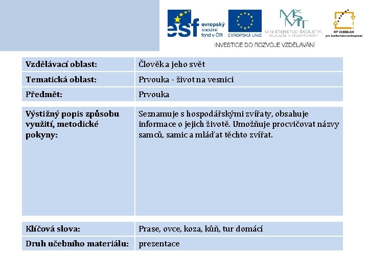 Vzdělávací oblast: Člověk a jeho svět Tematická oblast: Prvouka - život na vesnici Předmět: