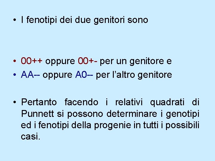• I fenotipi dei due genitori sono • 00++ oppure 00+- per un • I fenotipi dei due genitori sono • 00++ oppure 00+- per un