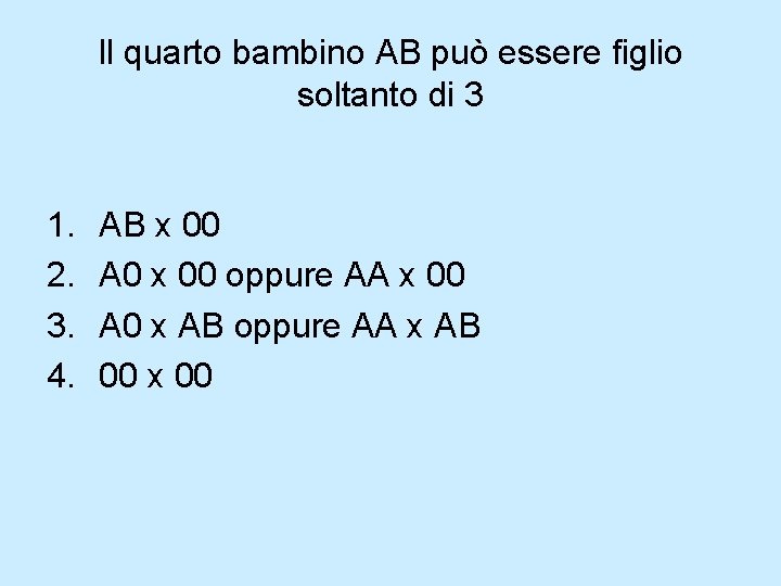 Il quarto bambino AB può essere figlio soltanto di 3 1. 2. 3. 4. Il quarto bambino AB può essere figlio soltanto di 3 1. 2. 3. 4.
