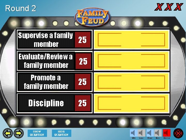 Round 2 Supervise a family 25 member Evaluate/Review a family member 25 Promote a