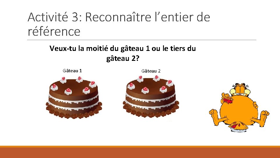 Activité 3: Reconnaître l’entier de référence Veux-tu la moitié du gâteau 1 ou le