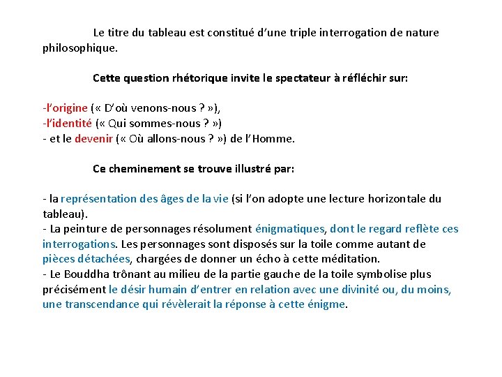 Le titre du tableau est constitué d’une triple interrogation de nature philosophique. Cette question