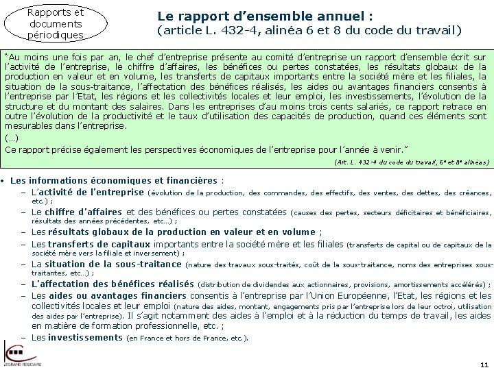 Rapports et documents périodiques Le rapport d’ensemble annuel : (article L. 432 -4, alinéa