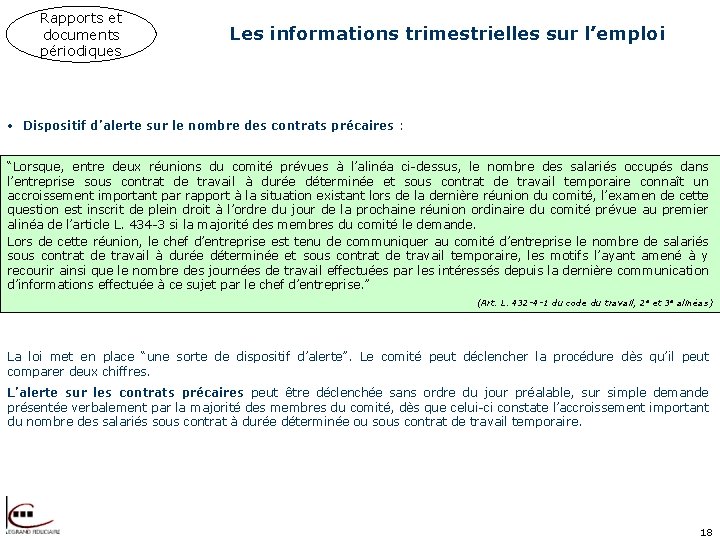 Rapports et documents périodiques Les informations trimestrielles sur l’emploi • Dispositif d’alerte sur le