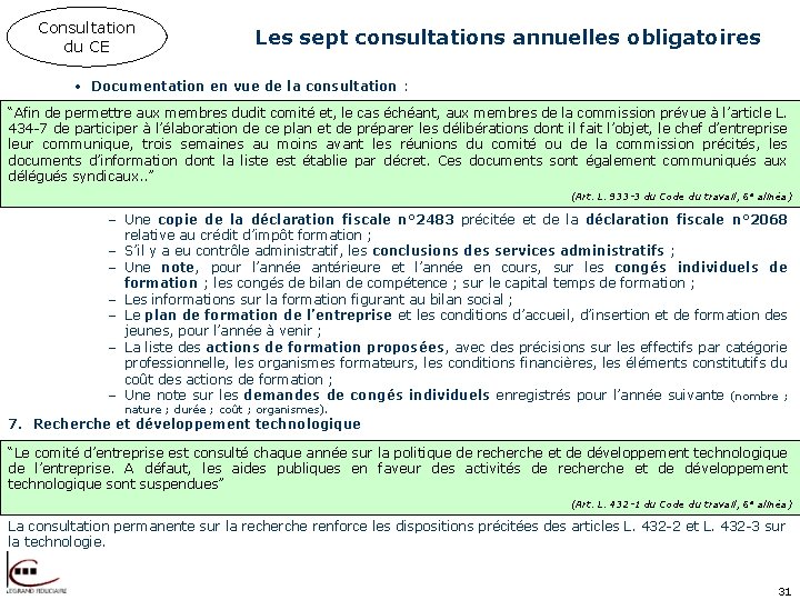 Consultation du CE Les sept consultations annuelles obligatoires • Documentation en vue de la