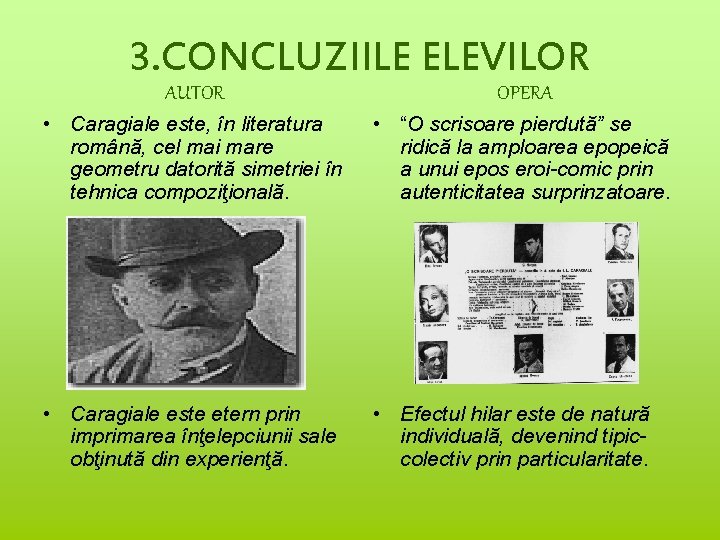 3. CONCLUZIILE ELEVILOR AUTOR OPERA • Caragiale este, în literatura română, cel mai mare