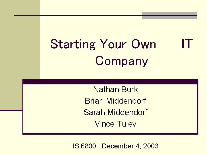 Starting Your Own Company Nathan Burk Brian Middendorf Sarah Middendorf Vince Tuley IS 6800