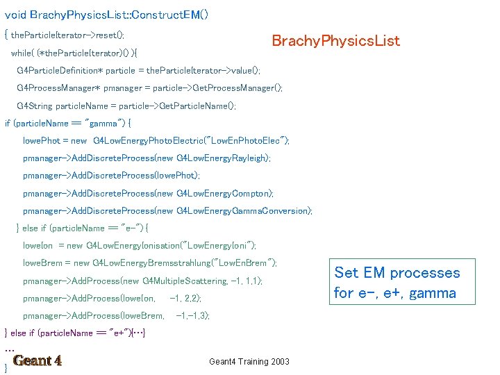 void Brachy. Physics. List: : Construct. EM() { the. Particle. Iterator->reset(); Brachy. Physics. List