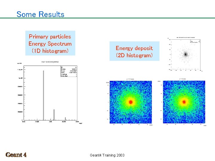 Some Results Primary particles Energy Spectrum (1 D histogram) Energy deposit (2 D histogram)