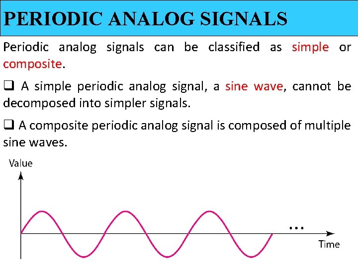 PERIODIC ANALOG SIGNALS Periodic analog signals can be classified as simple or composite. q