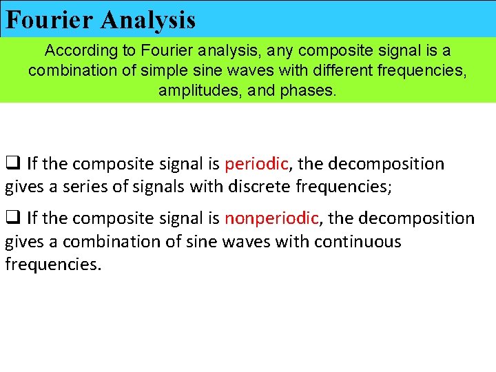 Fourier Analysis According to Fourier analysis, any composite signal is a combination of simple