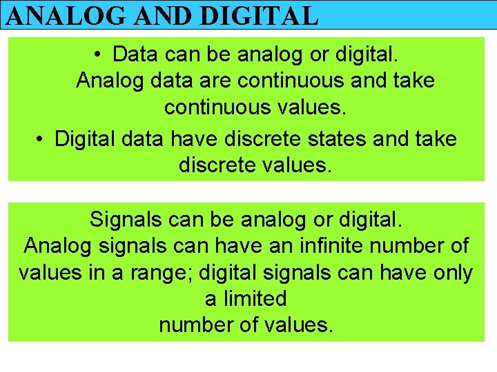 ANALOG AND DIGITAL • Data can be analog or digital. Analog data are continuous